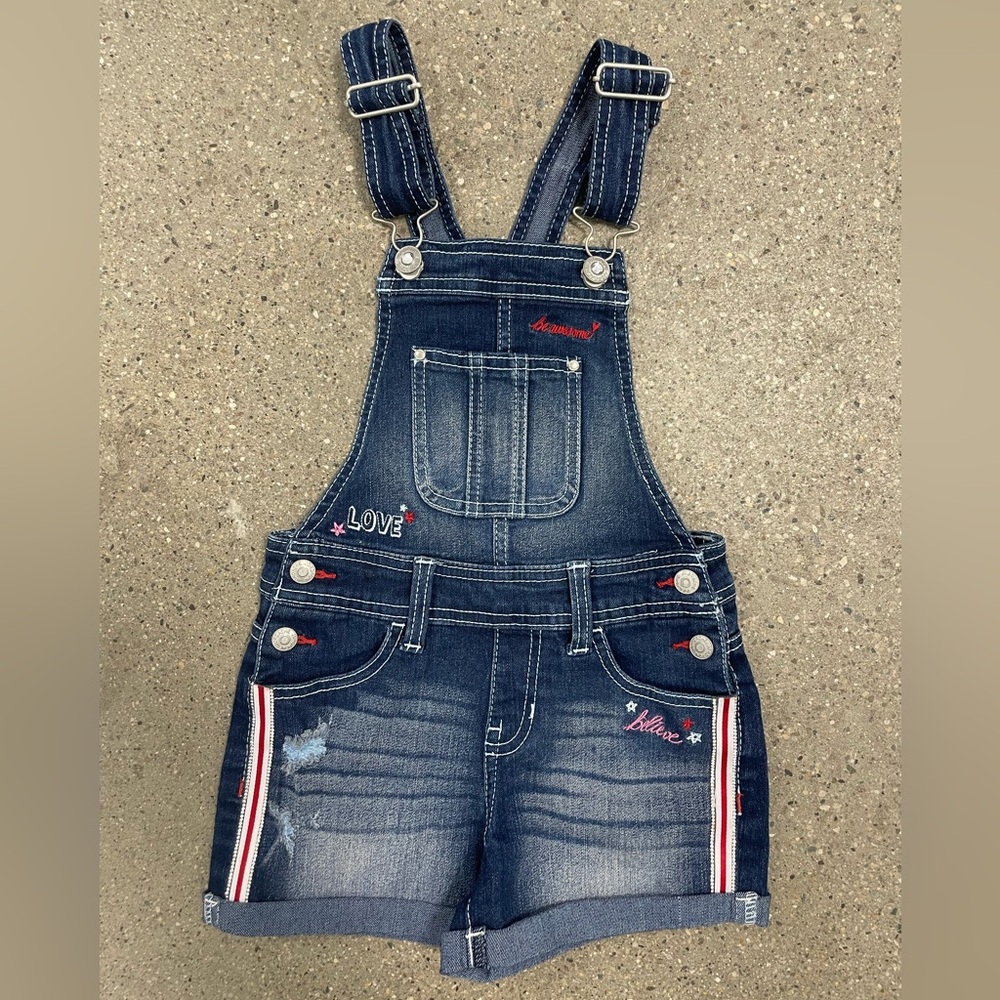 Jordache Girl’s Blue Jean Short Overalls Embroidery & Rhinestone Accents size S